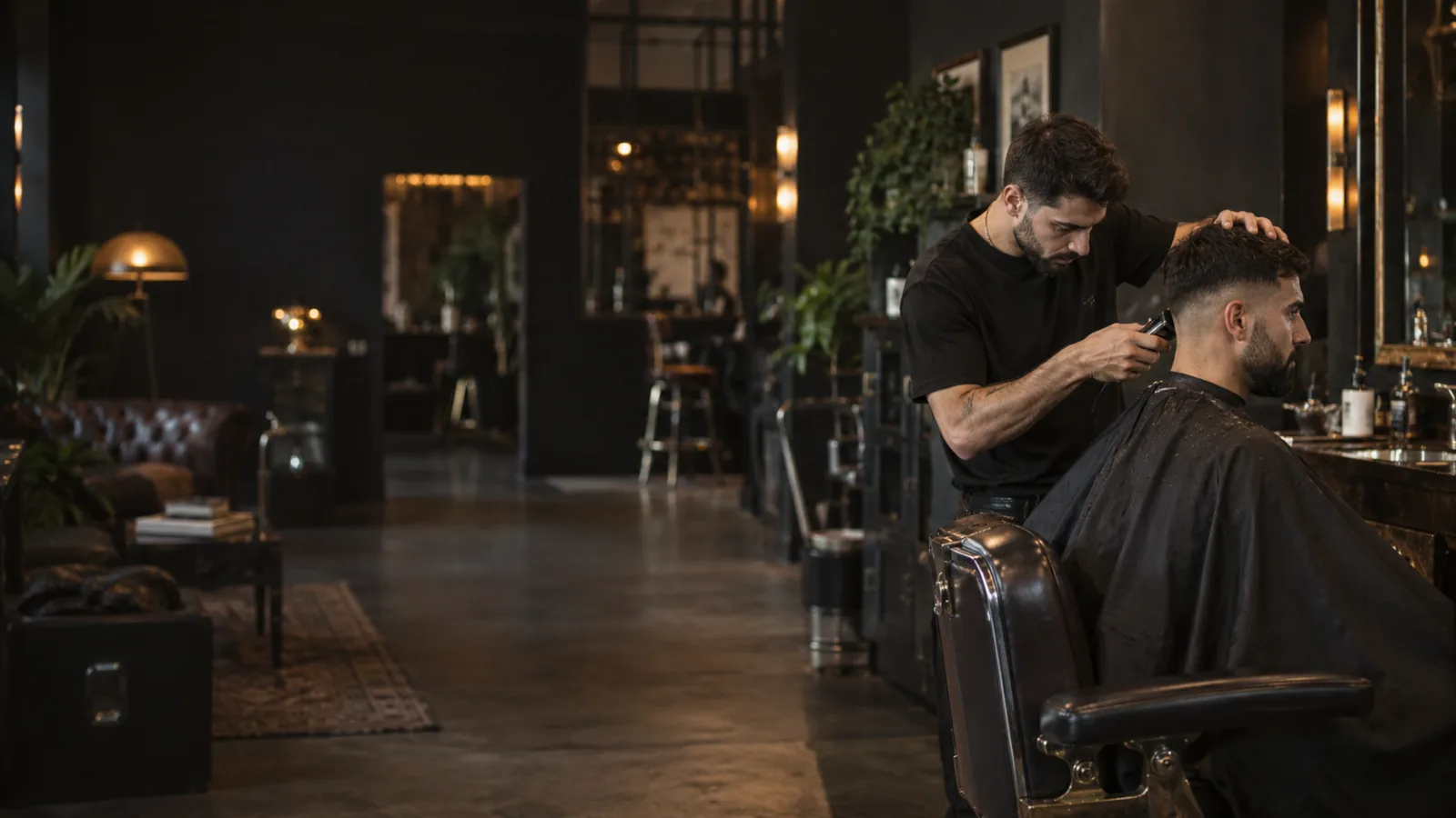 Imagen ilustrativa generada: un barbero atiende a un cliente en una barbería de ambiente cálido